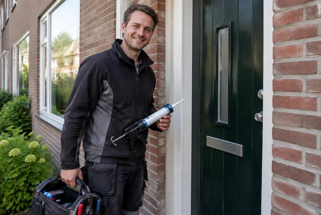 Vakman van Kitbedrijf Emmeloord bij de voordeur van een woning